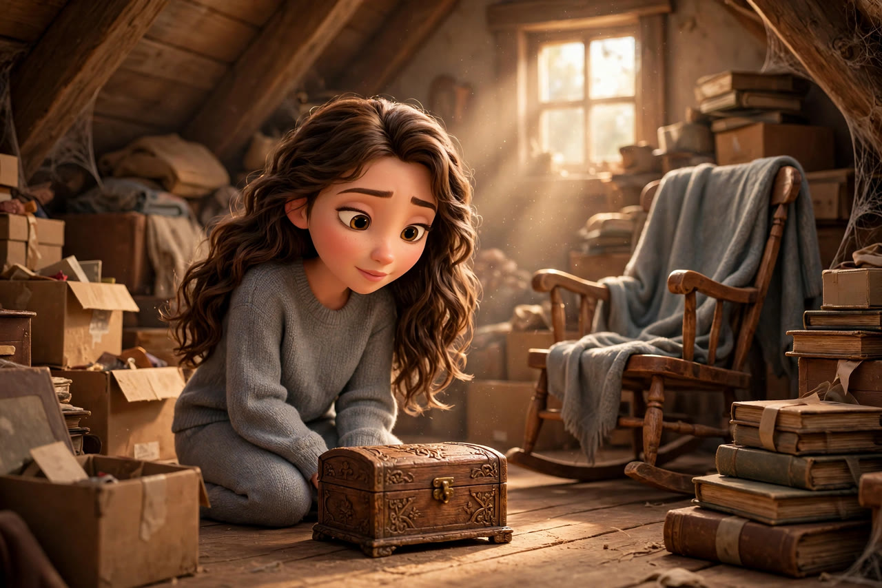 The first image of the shot: an animated young woman in a grey sweater kneels on the floor of a dusty attic in front of a closed wooden box