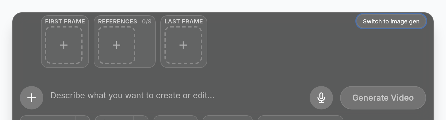 The Bildy input bar in video mode with three empty sections labelled first frame, references and last frame