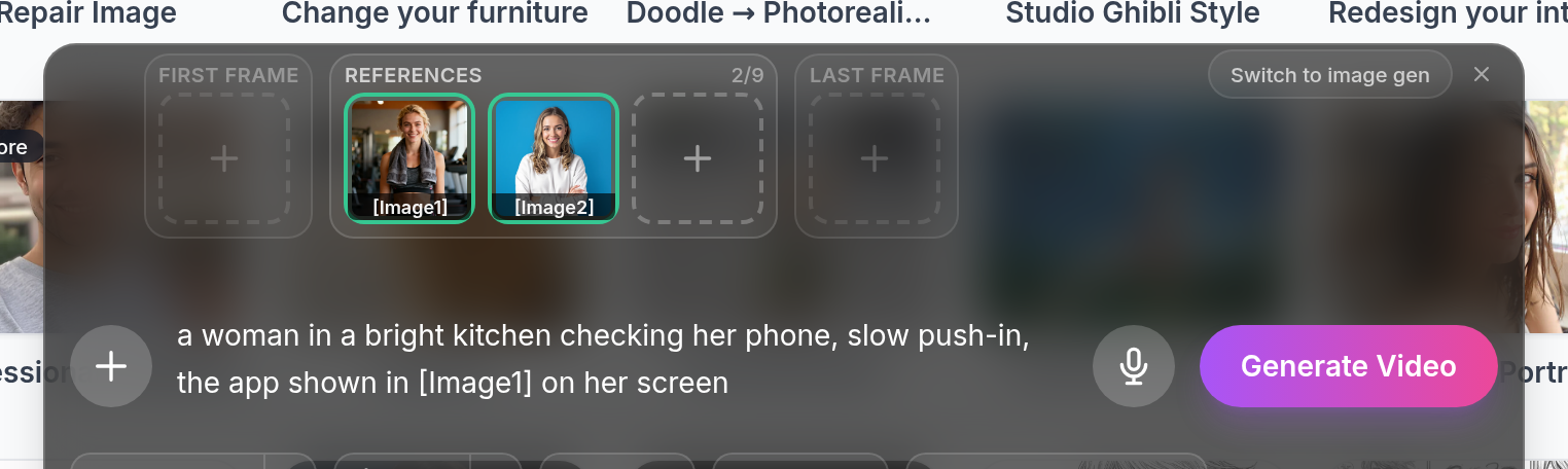 Two images sitting in the references section of the Bildy input bar, tagged Image1 and Image2, with the first frame and last frame sections greyed out