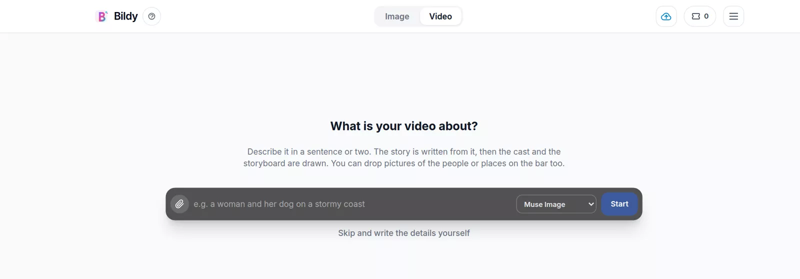The video editor before you start: the question What is your video about and the bar with the Start button