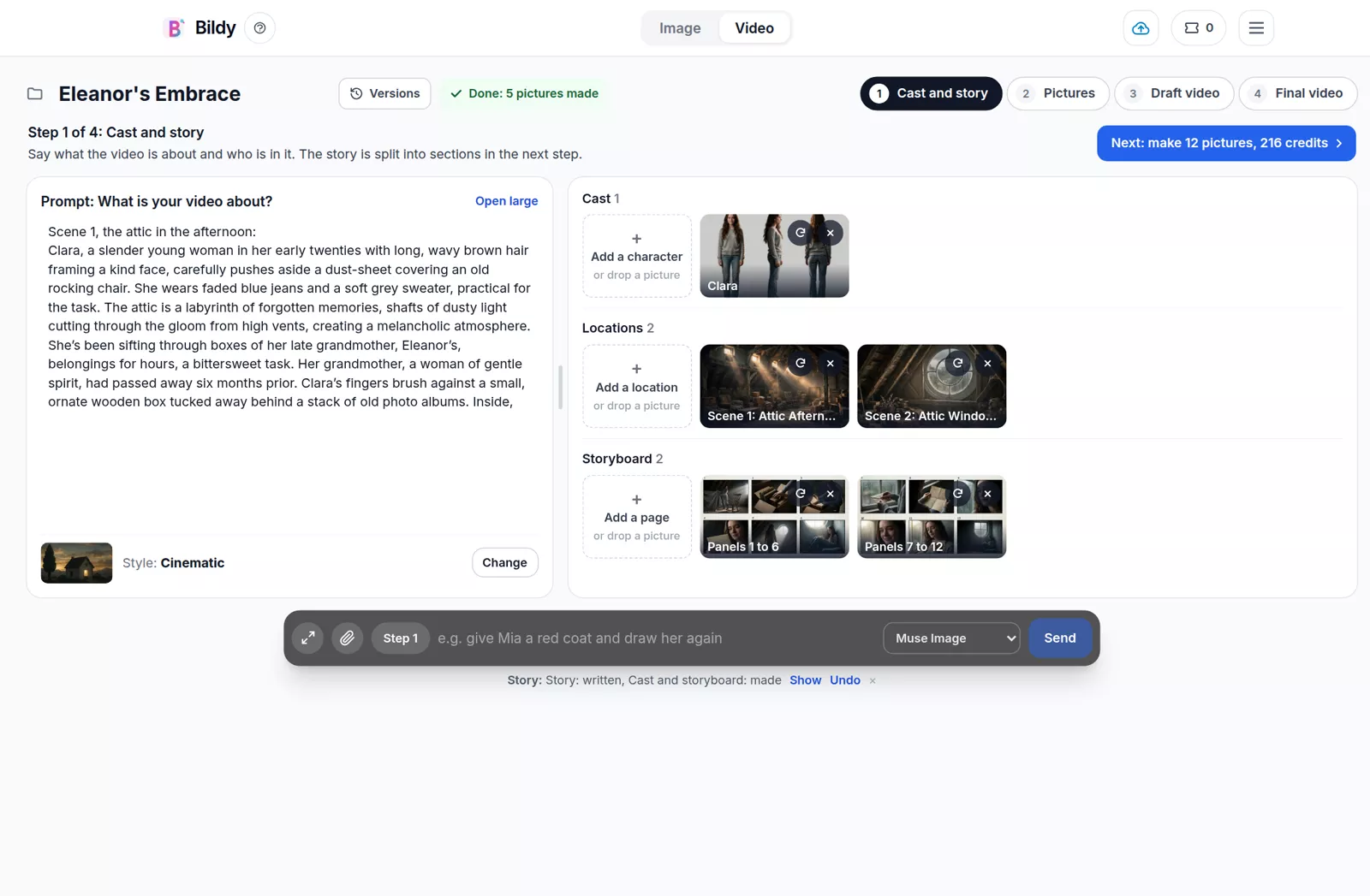 Step 1 in the editor: the story on the left, the cast, locations and storyboard on the right