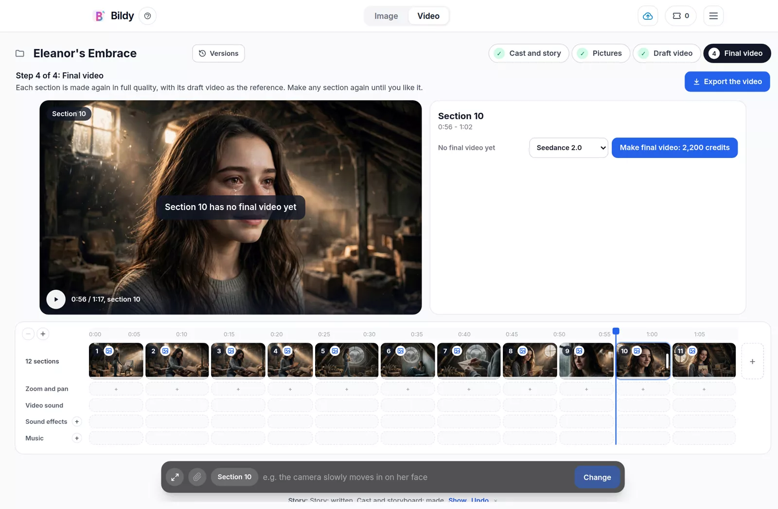Step 4 in the editor: section 10 open, with the final video model and the Export the video button at the top right